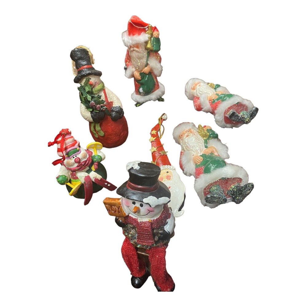 Lot Of 7 Christmas Ornaments Snow Man Santa Claus Vintage Shelf Sitter